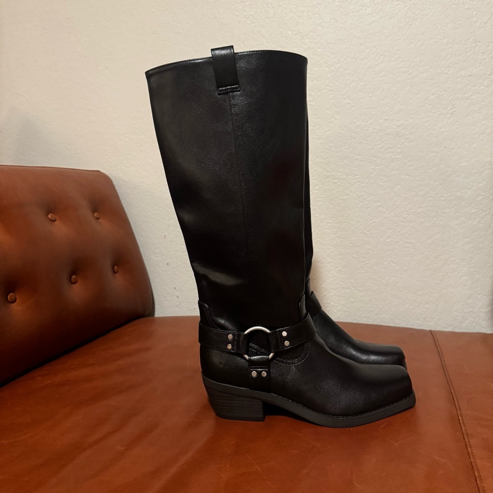 Black womens moto style knee high boots